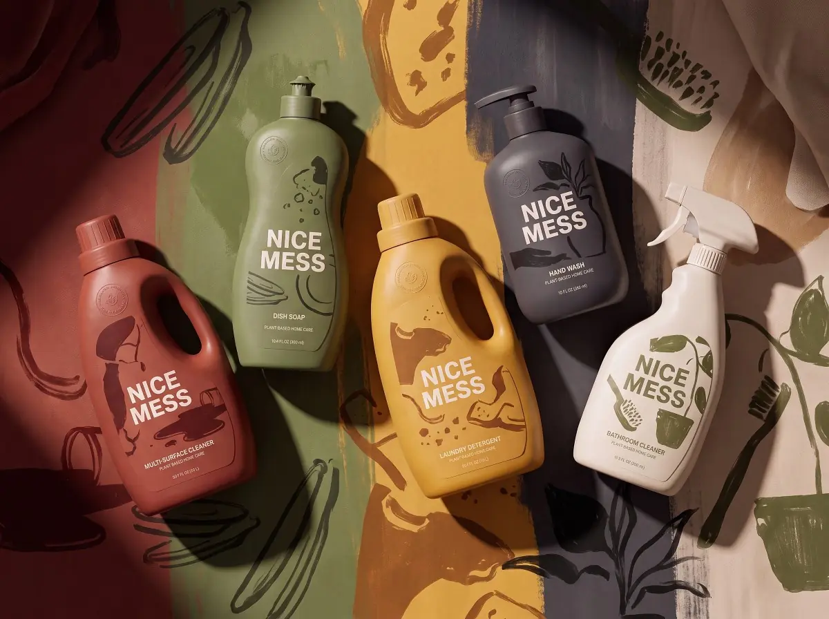 The five Nice Mess bottles laid out on hand-painted terracotta, olive, mustard, charcoal and cream panels