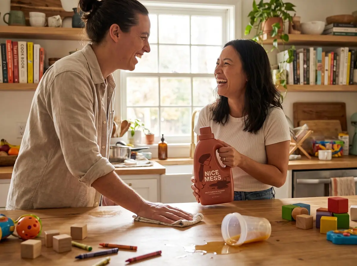 Two people laughing in a busy kitchen, one wiping the counter, one holding the terracotta bottle