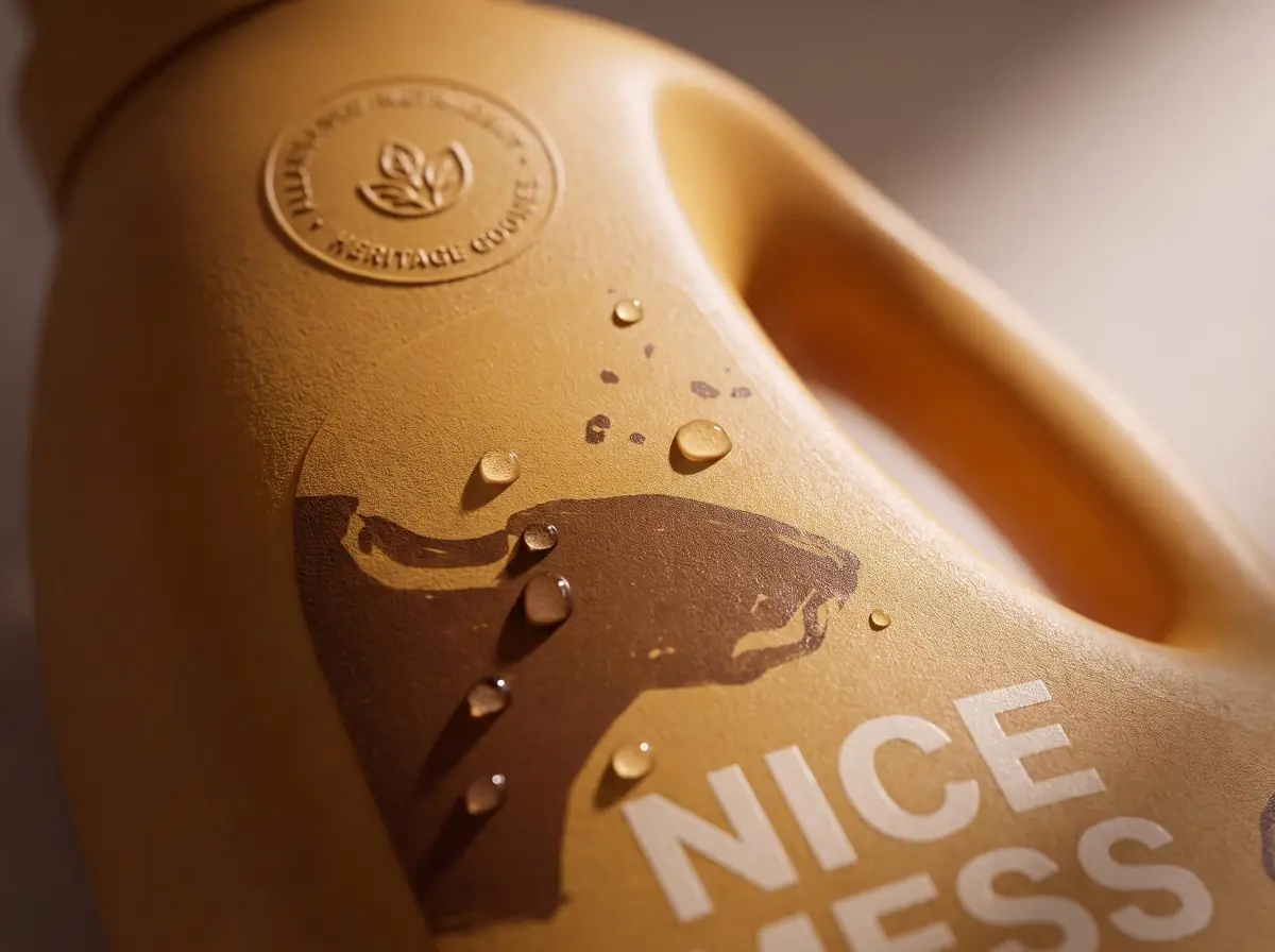 Macro of the mustard bottle's matte surface with water droplets