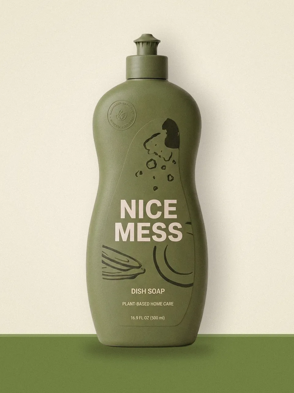 Olive green Nice Mess Dish Soap 500 ml push-pull bottle on a colour-block shelf